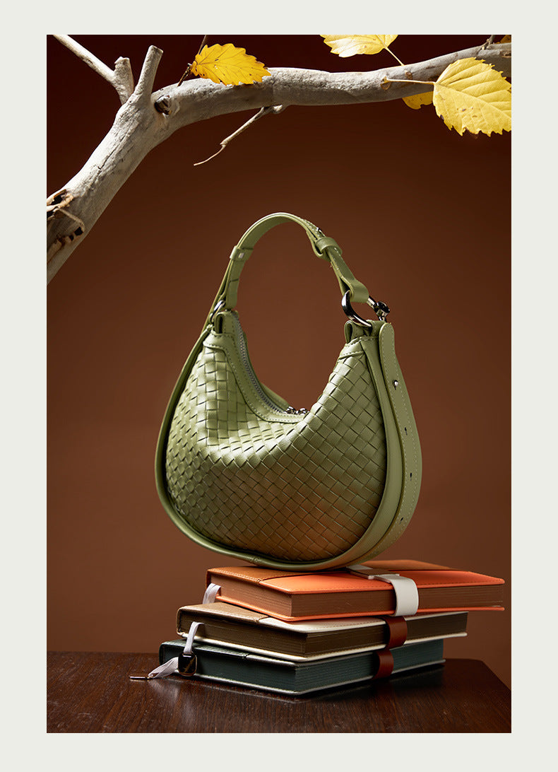 Women's Small Leather Woven Hobo Bag-Handbags-Green-Free Shipping Leatheretro