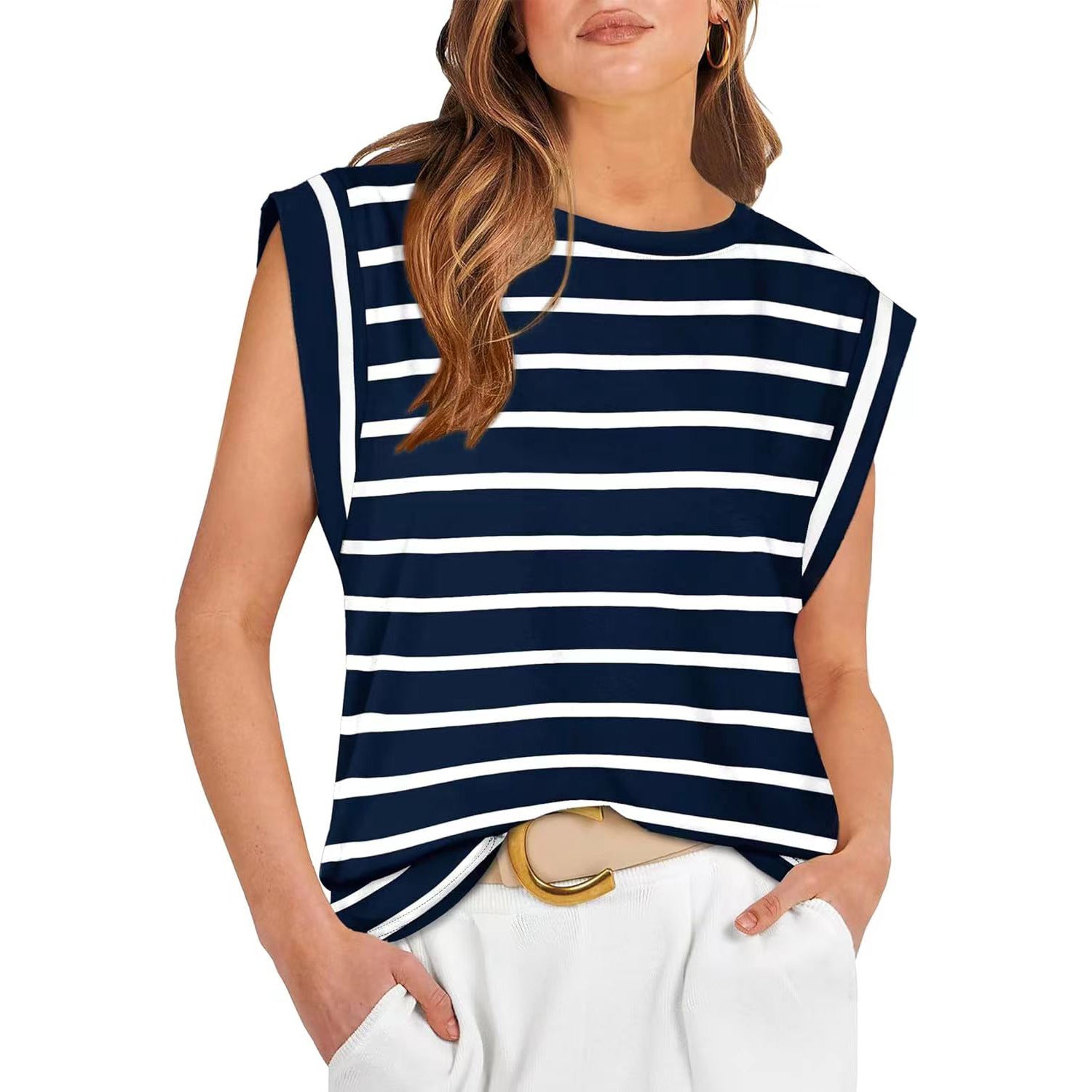 Casual Round Neck Short Sleeves Summer T Shirts-Shirts & Tops-Blue Striped-S-Free Shipping Leatheretro