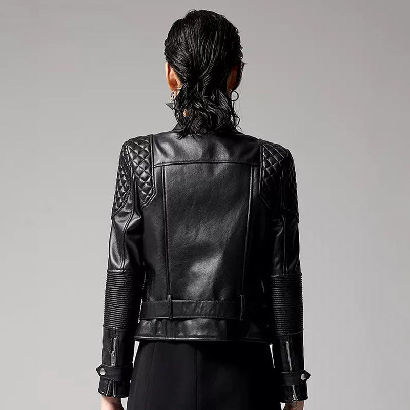 Women’s Slim-Fit Black Biker Jacket-Black without Velvet-S 40-45kg-Free Shipping Leatheretro
