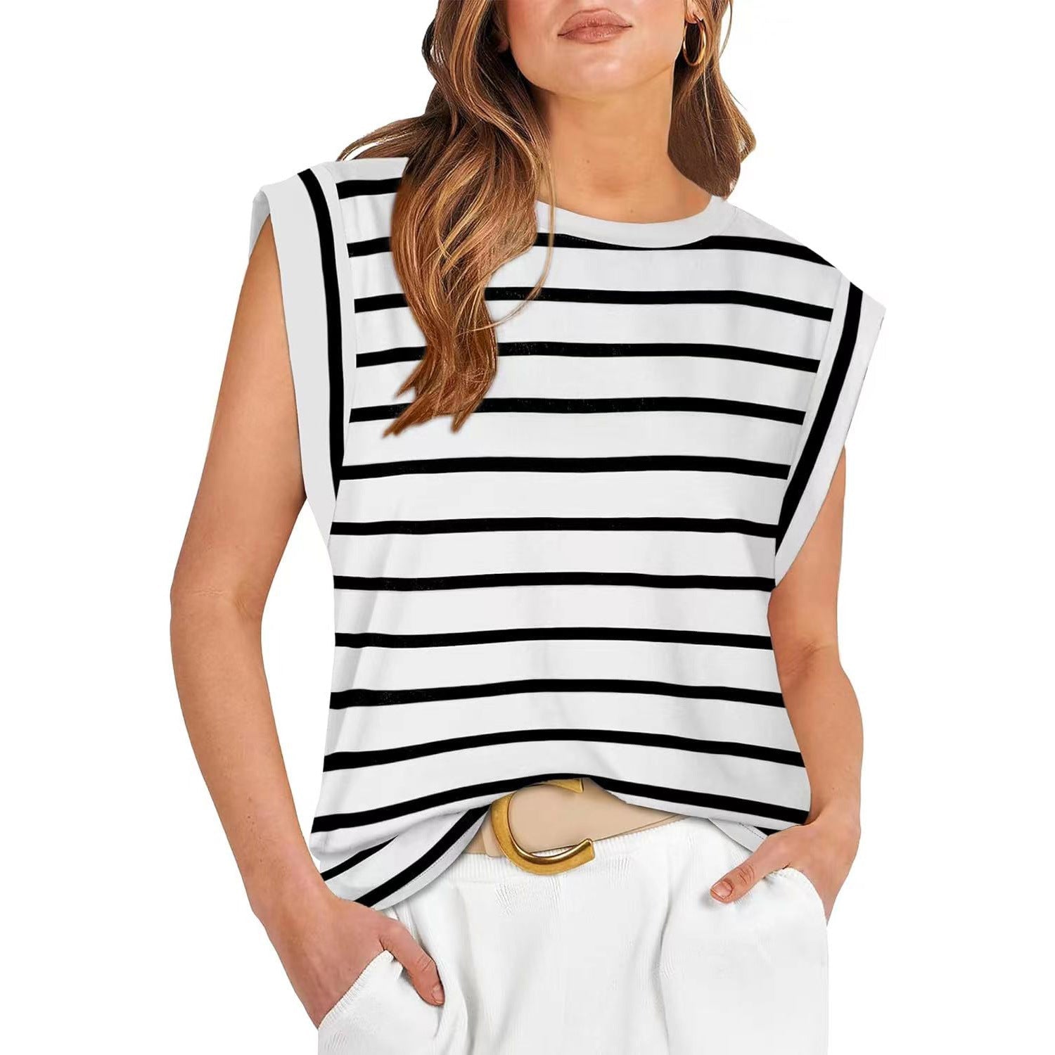Casual Round Neck Short Sleeves Summer T Shirts-Shirts & Tops-White Striped-S-Free Shipping Leatheretro