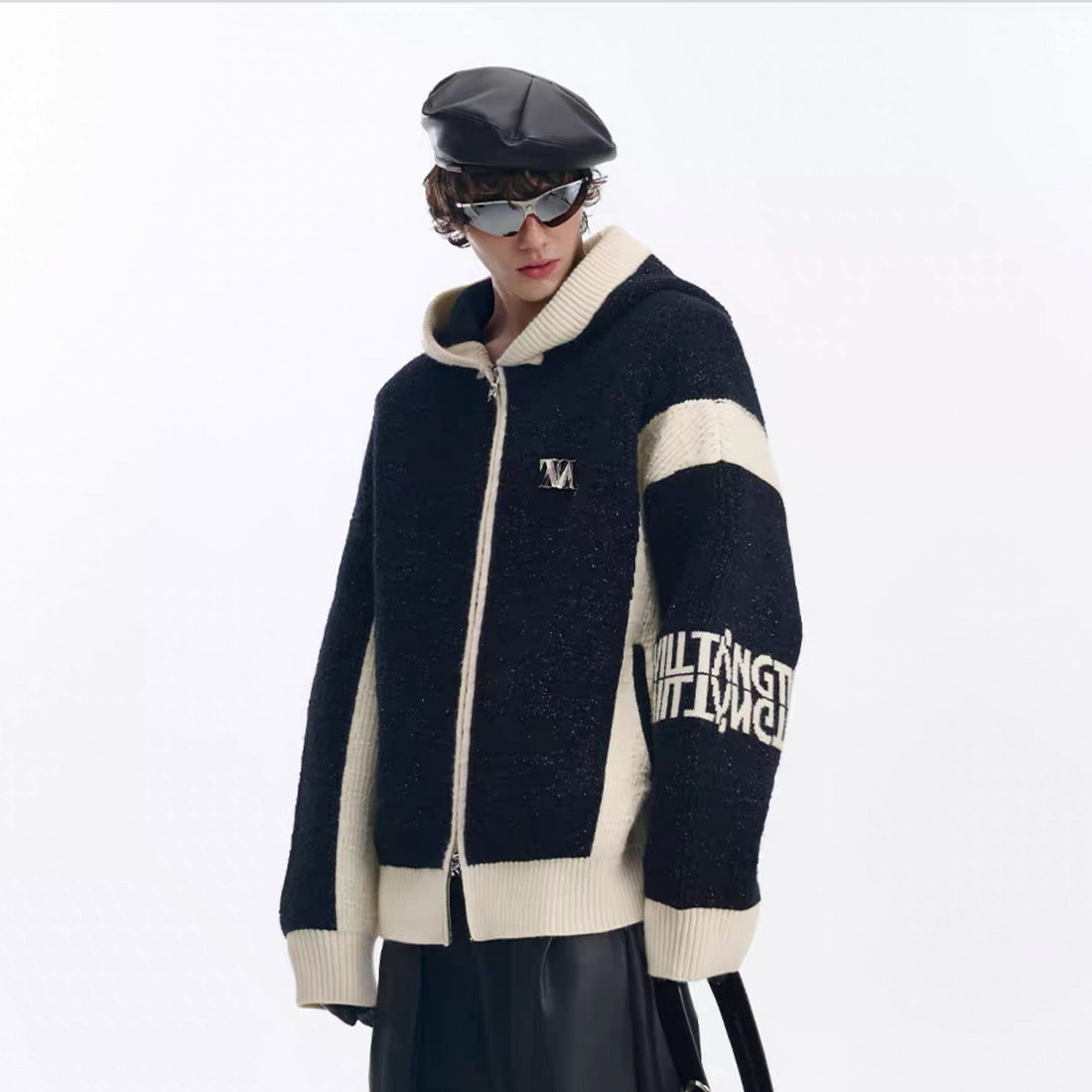 TIWILLTANG Contrast Trim Dual-Zip LOGO Chunky Knit Jacket