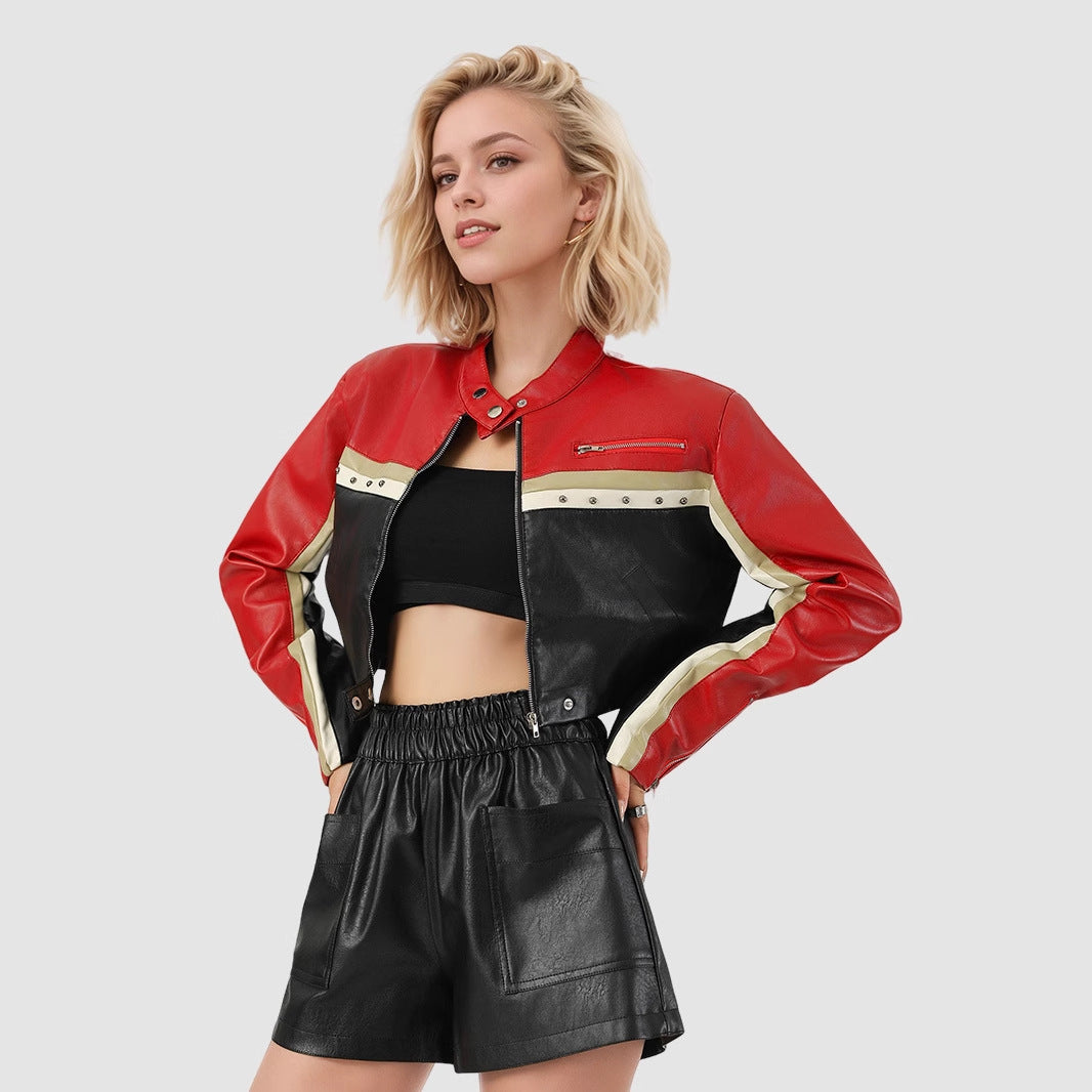 Edgy Cropped PU Leather Biker Jacket – Bold Color-Block Design-Coats & Jackets-Brick Red-S 50-55kg-Free Shipping Leatheretro