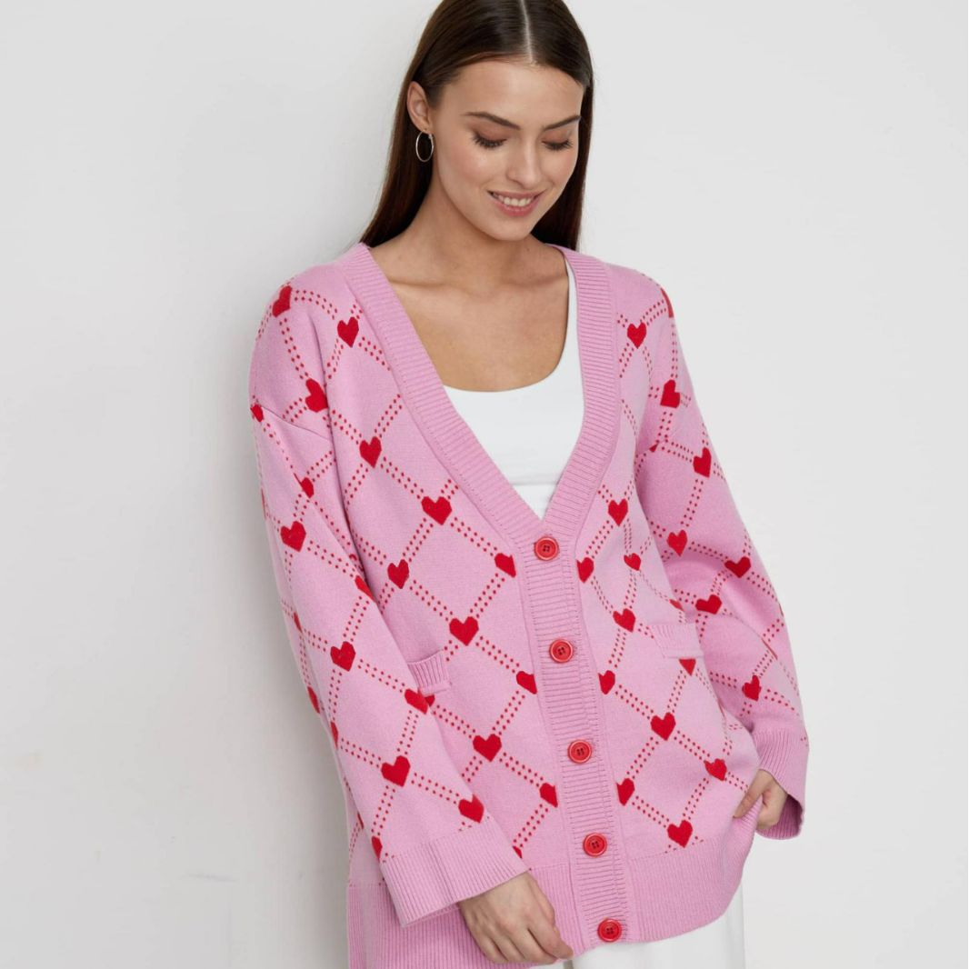 Lovely Pink Sweet Heart Fall Knitted Cardigan-Sweater&Hoodies-Rose Red-S-Free Shipping Leatheretro