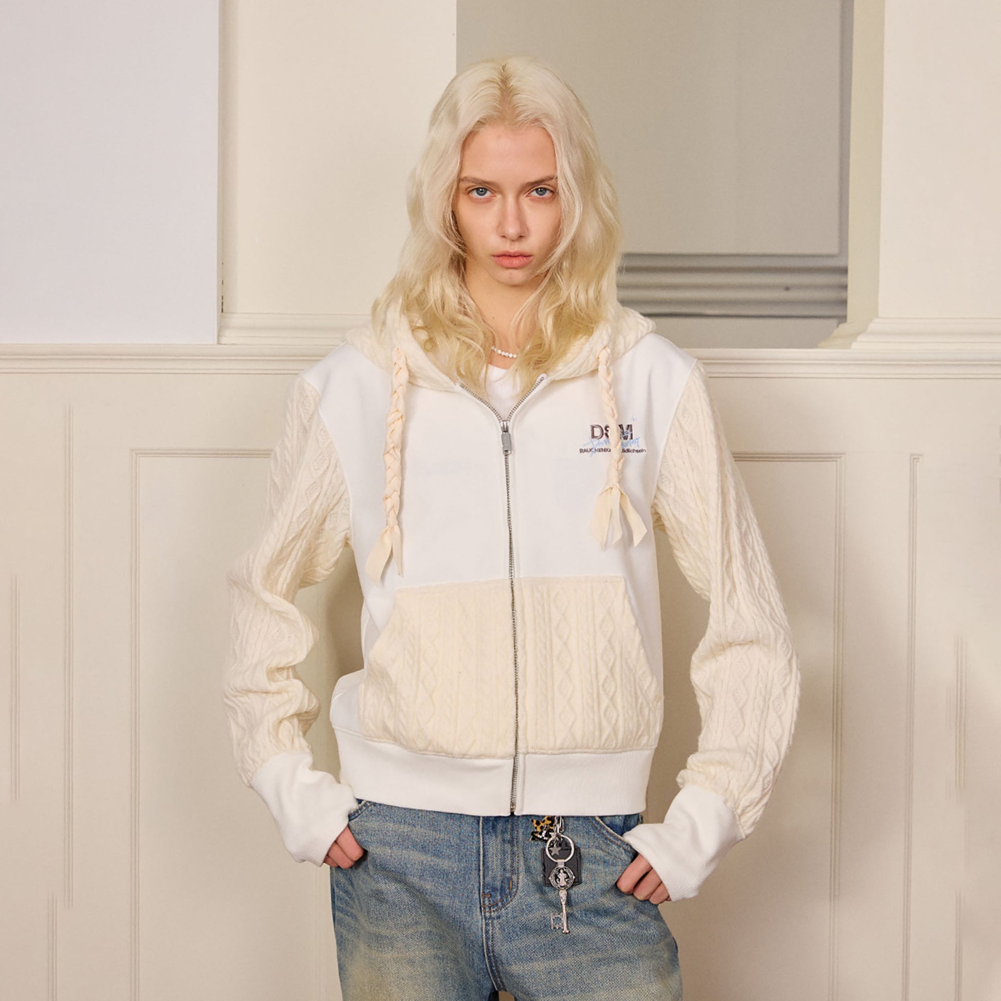 DONSMOKE Spliced Cable-Knit Zip-Up Hoodie-Hoodie-S-White-Free Shipping Leatheretro