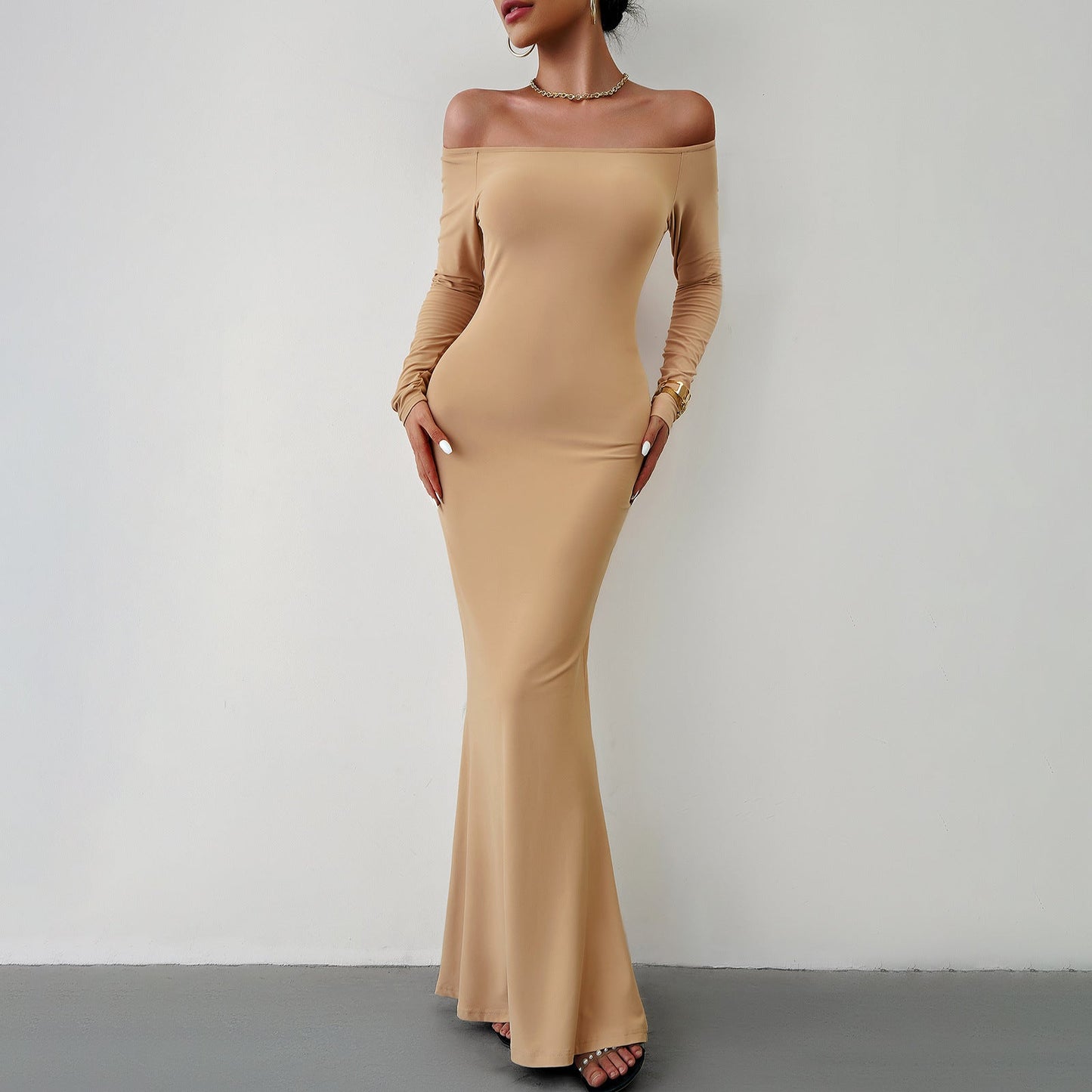 Sexy Off The Shoulder Long Knitted Dresses-Dresses-Khaki-S-Free Shipping Leatheretro