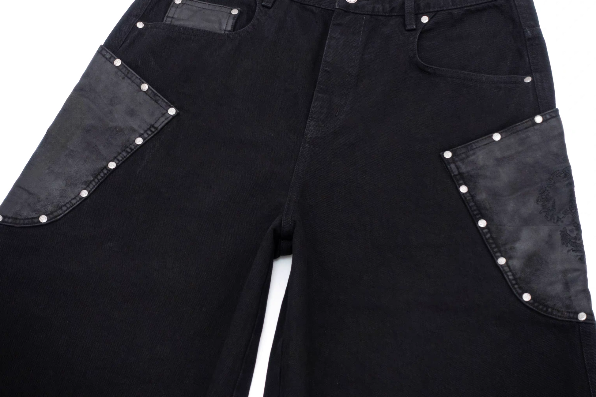 IN EXISTENCE Washed Rivet-Trim Patch Denim Shorts-Shorts-S (1)-Free Shipping Leatheretro