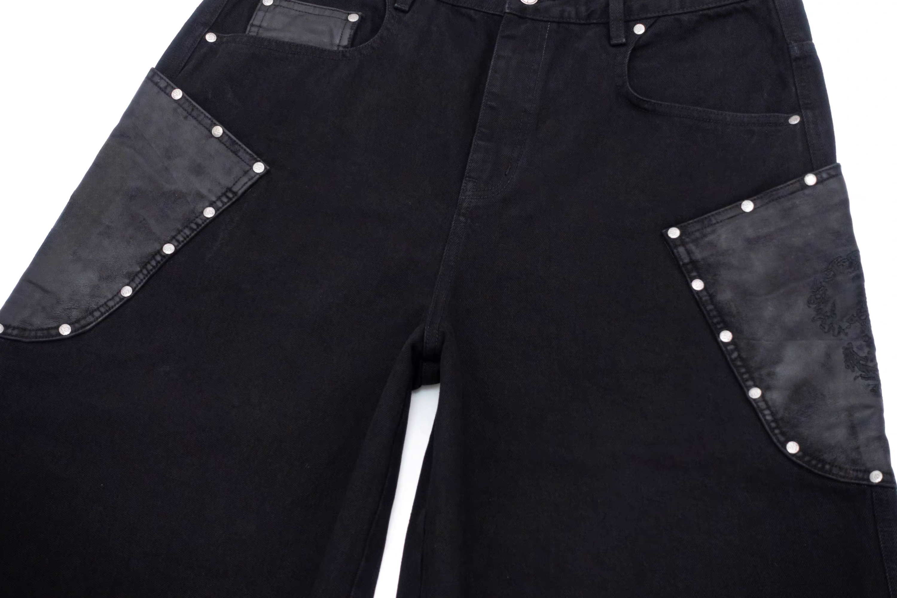 IN EXISTENCE Washed Rivet-Trim Patch Denim Shorts-Shorts-S (1)-Free Shipping Leatheretro