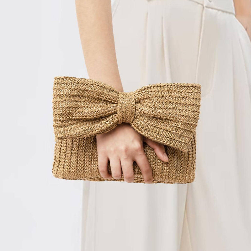 Bowknot Straw Handbag – Crossbody Boho Chic Purse for Women-khaki-24x6.5x14CM-Free Shipping Leatheretro