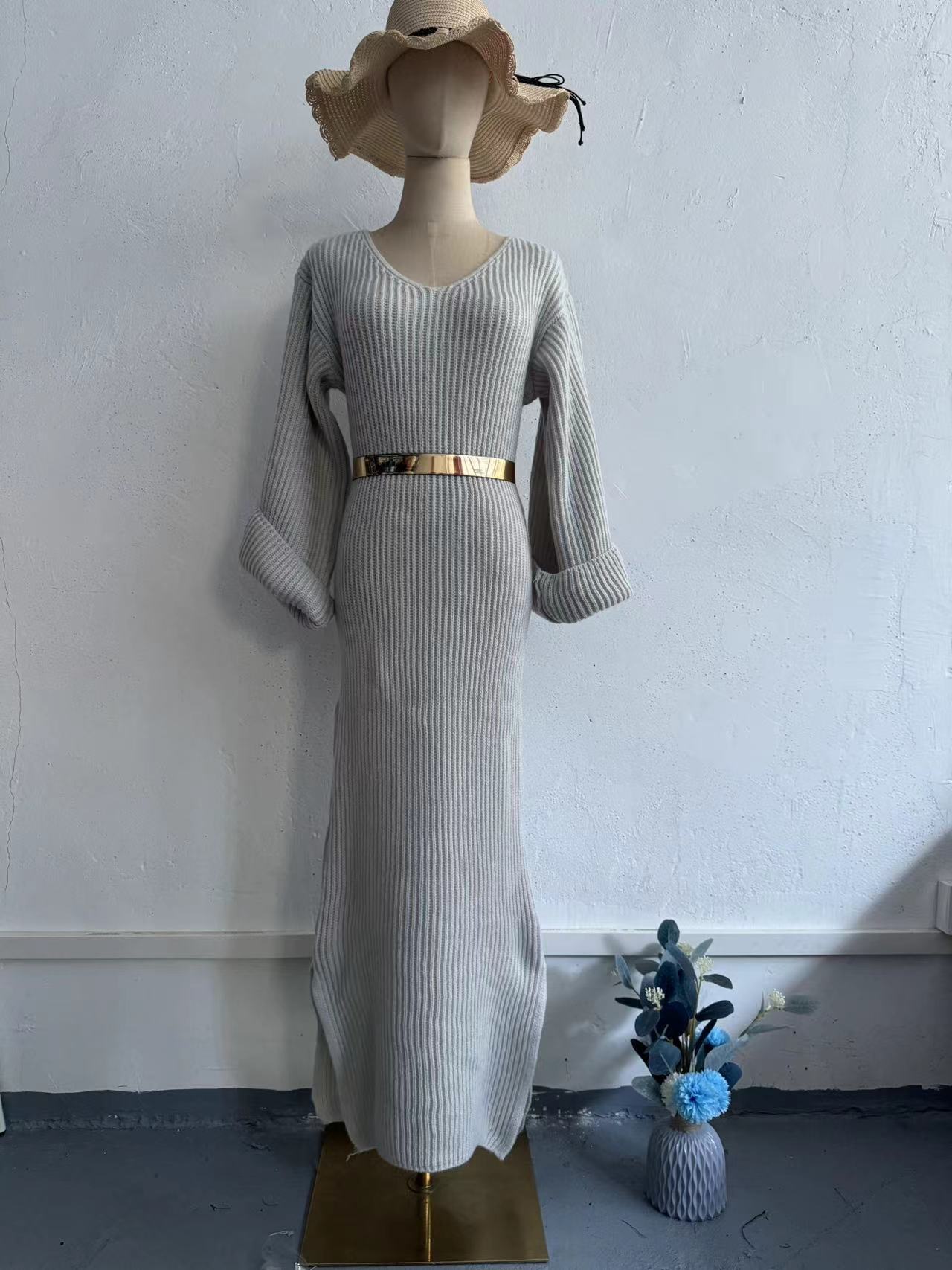 Sexy V Neck Winter Long Knitted Pullover Dresses-Dresses-Light Gray-S-Free Shipping Leatheretro