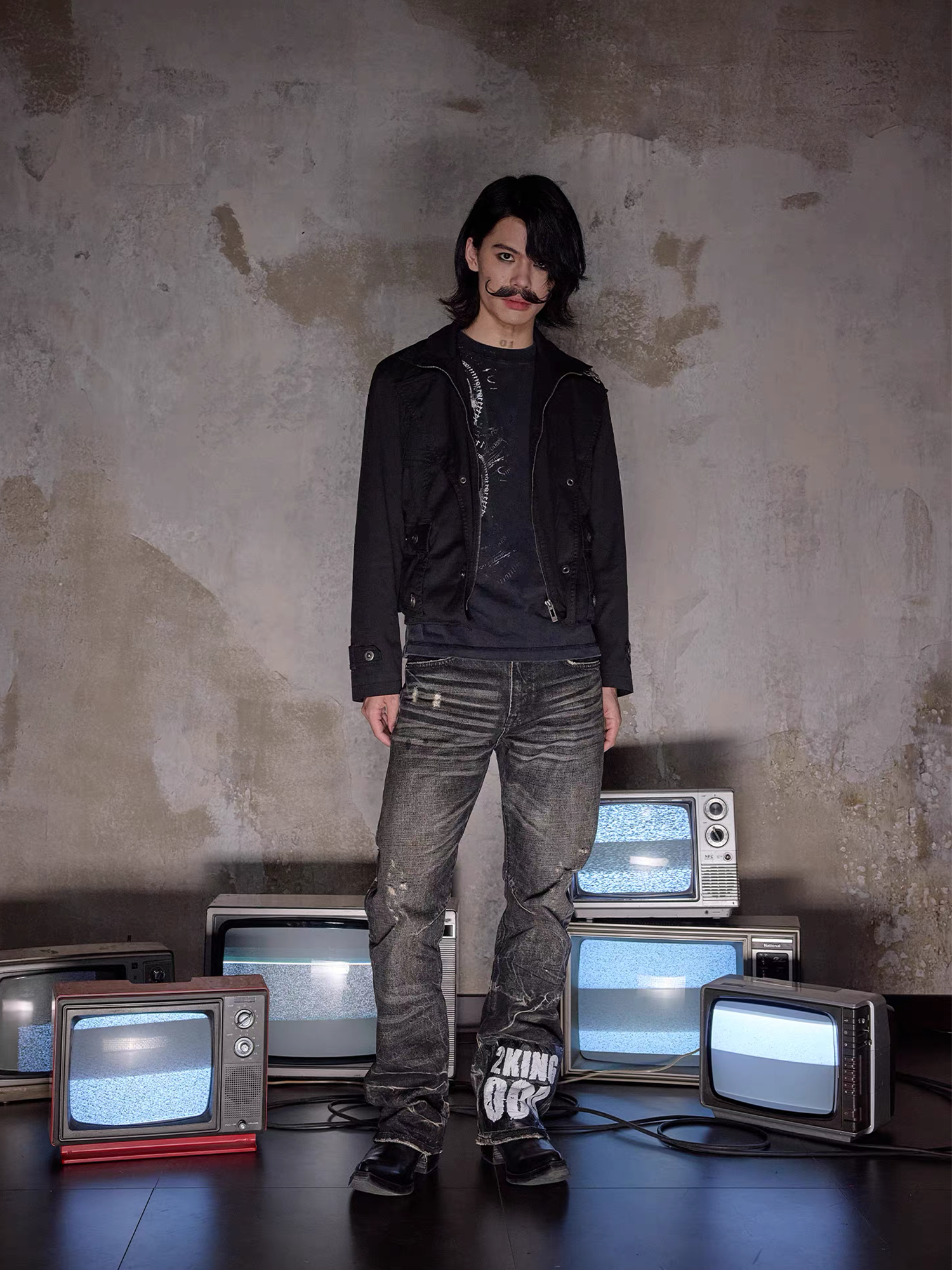 NOTHINGNESS WORLD Distressed Ripple-Wash Graphic Denim Pants-Jeans-S-Free Shipping Leatheretro