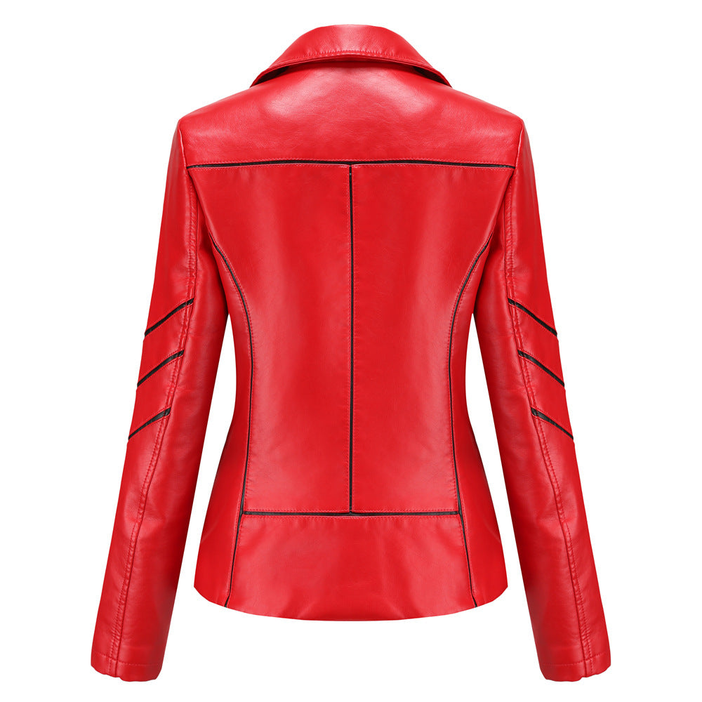 Women's PU Leather Jacket Short Biker Jacket for Spring & Fall-Beige-S-Free Shipping Leatheretro