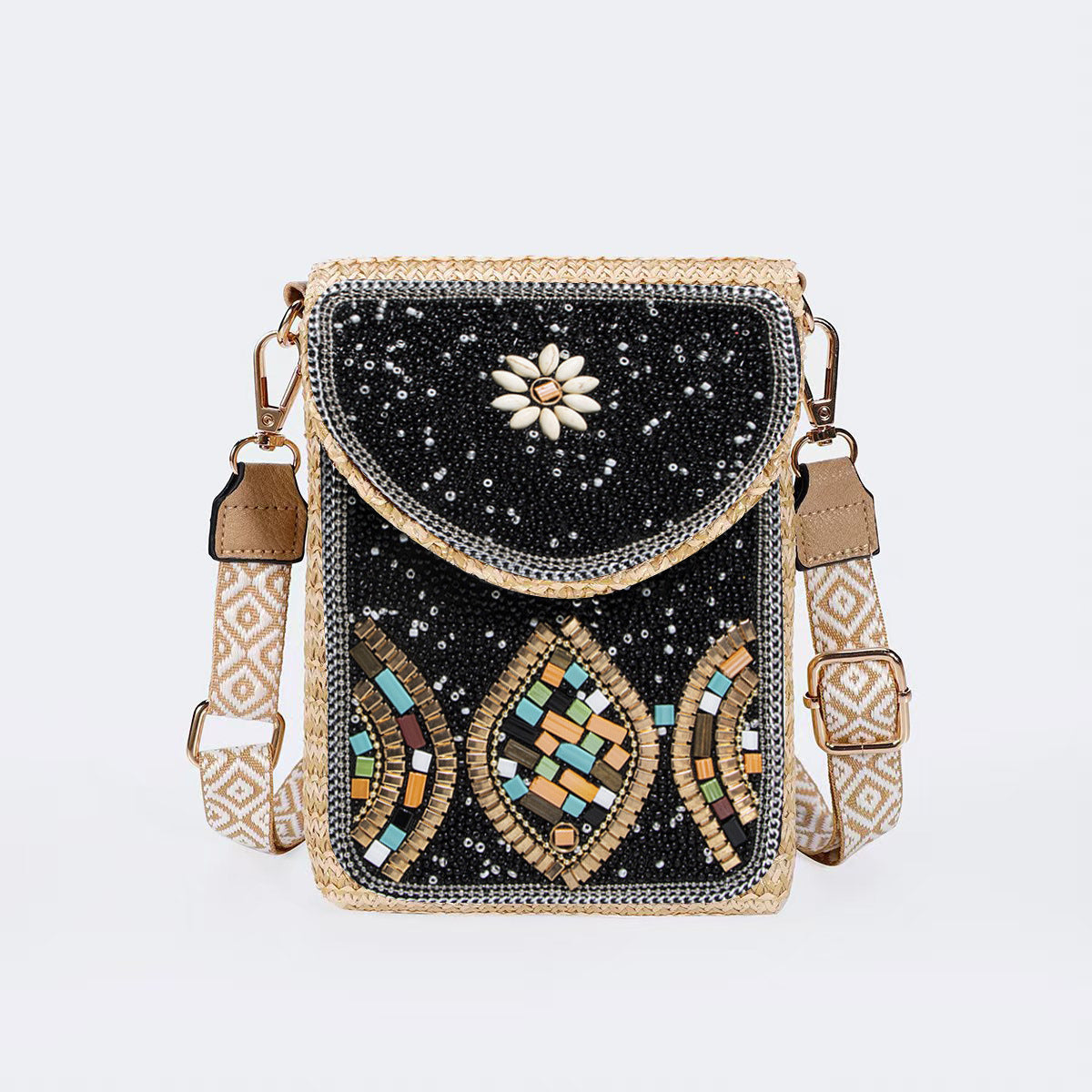 Woven Straw Crossbody Bag with Beaded Detail-21#-13*3.5*19-Free Shipping Leatheretro