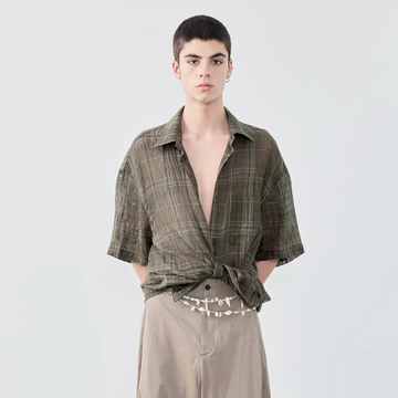 GRAINMUSTARD Linen-Cotton Plaid Half Shirt-Half shirt-XS-Green (S M for preorder)-Free Shipping Leatheretro
