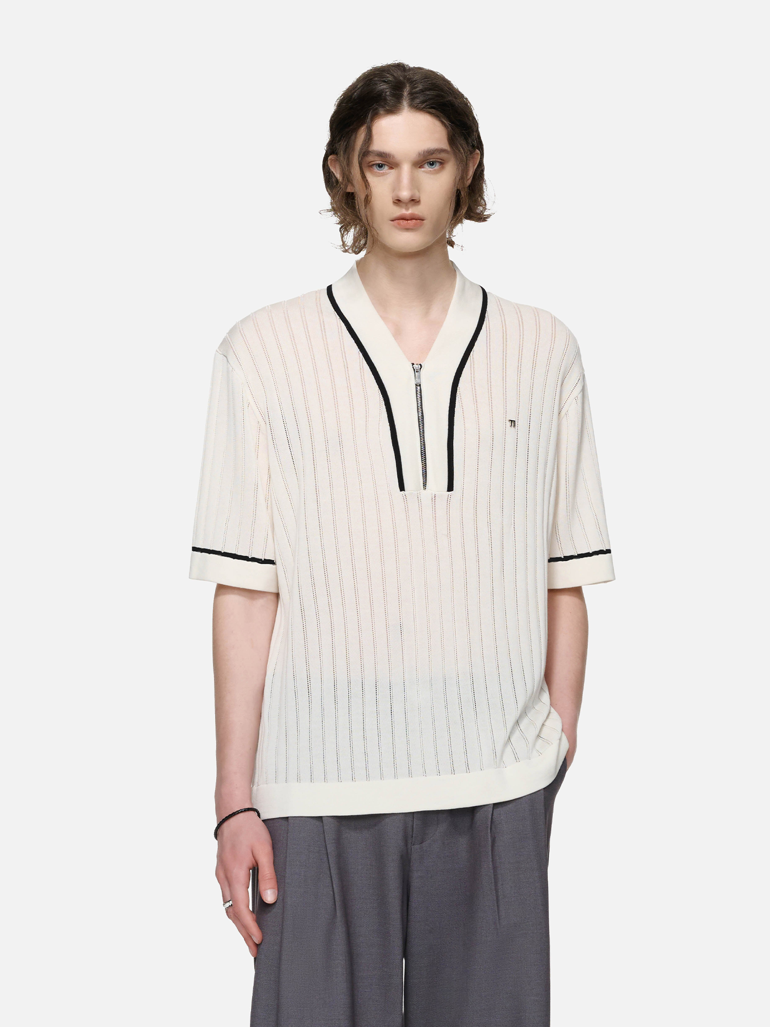 TIWILLTANG Openwork Contrast Trim Zip-Neck Knitted T Shirt-T Shirt-S-Free Shipping Leatheretro