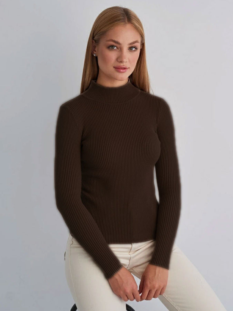 Sexy High Neck Knitted Sheath Shirts-Shirts & Tops-Coffee-One Size-Free Shipping Leatheretro