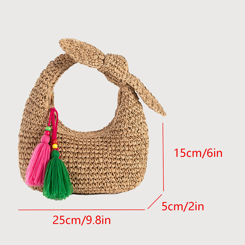 Summer Crescent Moon Handbag – Bow Detail Straw Woven Bag-Apricot - Green Tassel-25x5x15CM-Free Shipping Leatheretro