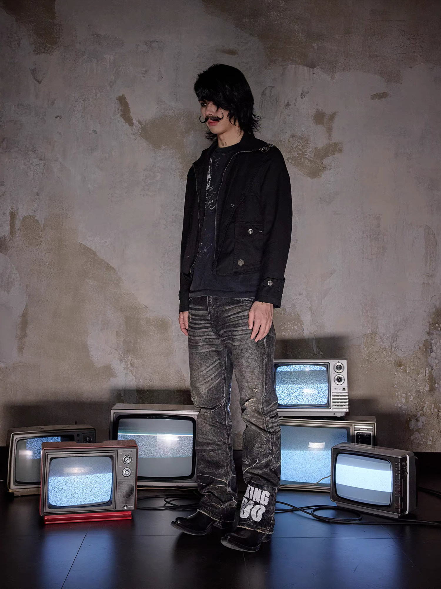 NOTHINGNESS WORLD Distressed Ripple-Wash Graphic Denim Pants-Jeans-S-Free Shipping Leatheretro