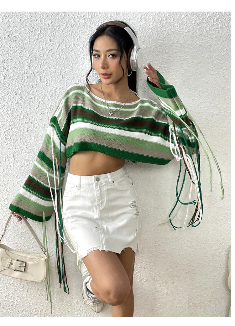 Sexy Rainbow Striped Tassels Short Knitted Blouses-Shirts & Tops-A-S-Free Shipping Leatheretro