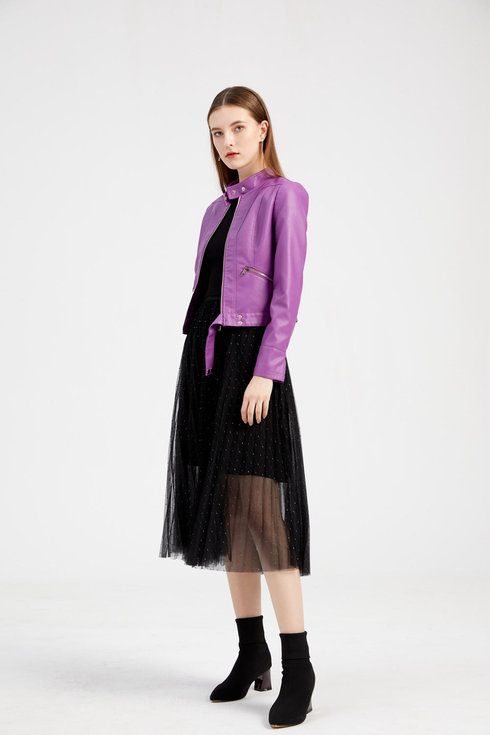 Women's Stand Collar Short Faux Leather Jacket-black-EU(XS)-Free Shipping Leatheretro