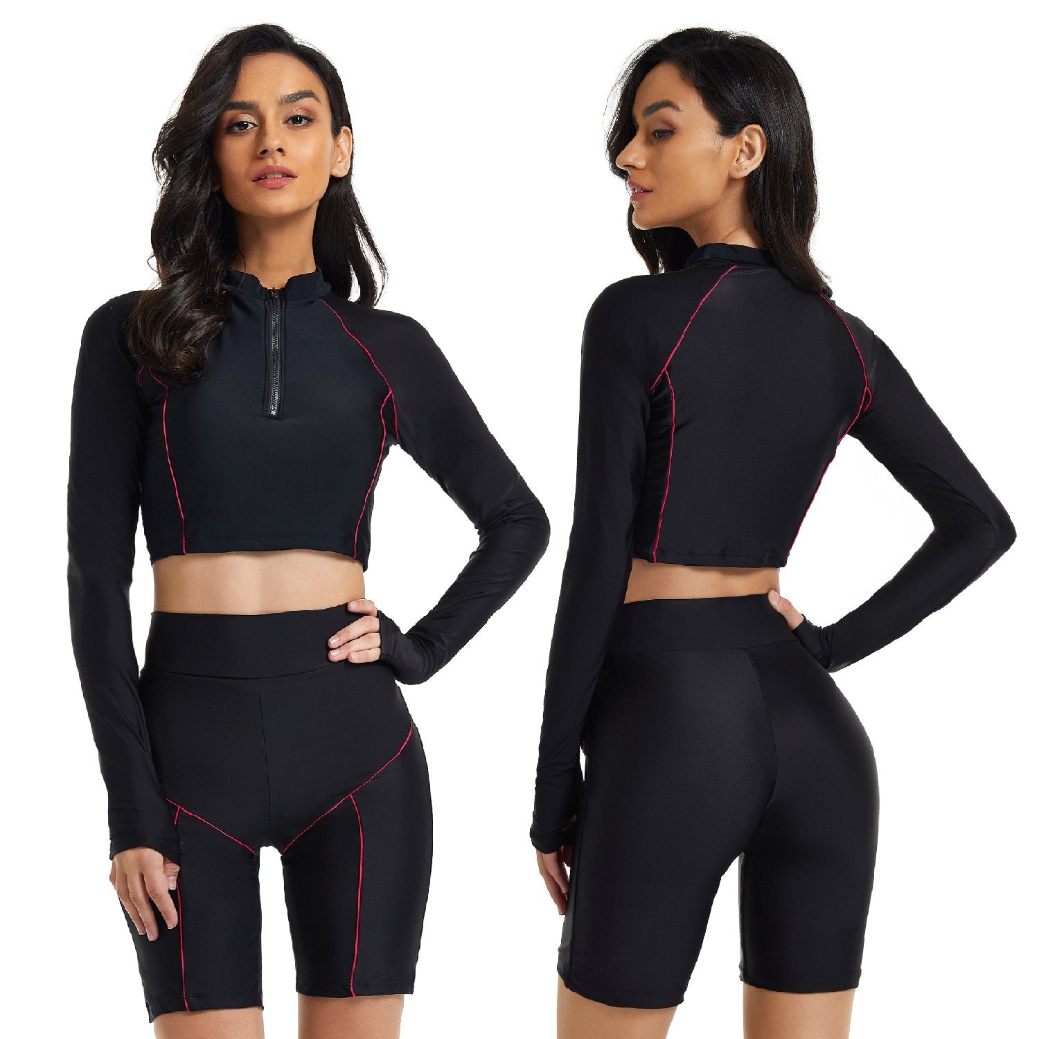 Black Zipper Surfing suits for Women-Swimwear-Black-S-Free Shipping Leatheretro