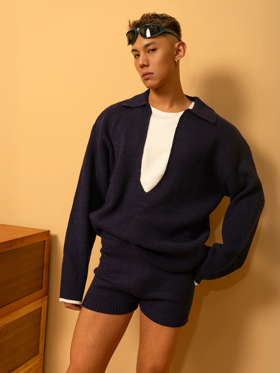 CLP Unisex Ash Black Navy Collar Knit Sweater-Gray-S-Free Shipping Leatheretro