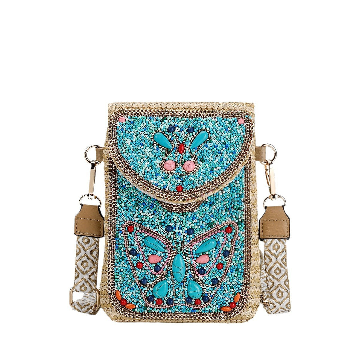 Woven Straw Crossbody Bag with Beaded Detail-1#-13*3.5*19-Free Shipping Leatheretro