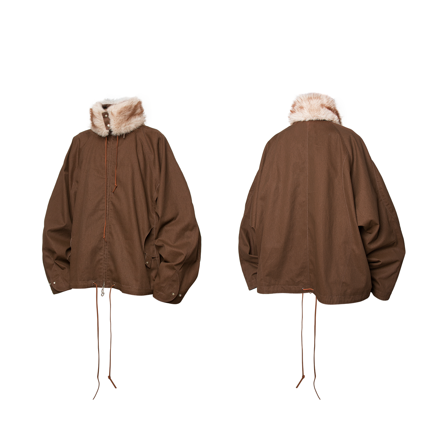 RELABEL Detachable Faux Fur Collar Two-Tone Batwing Sleeve Jacket-Brown-XS-Free Shipping Leatheretro