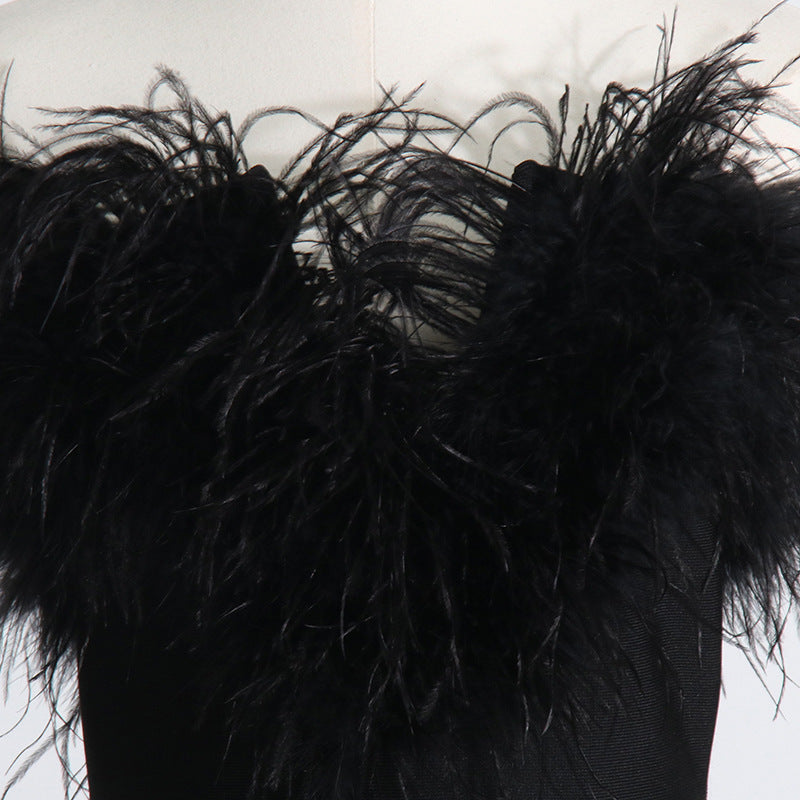 Sexy Strapless Ostrich Feathers Sheathe Long Dresses-Dresses-Black-S-Free Shipping Leatheretro