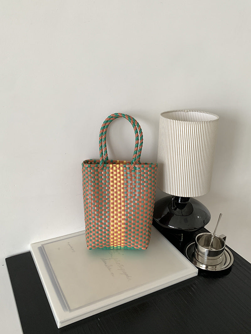 Summer PVC Handwoven Beach Bag – Colorful Boho Tote, Gift Basket & Casual Carryall-Beach Bags-Pink green-Free Shipping Leatheretro