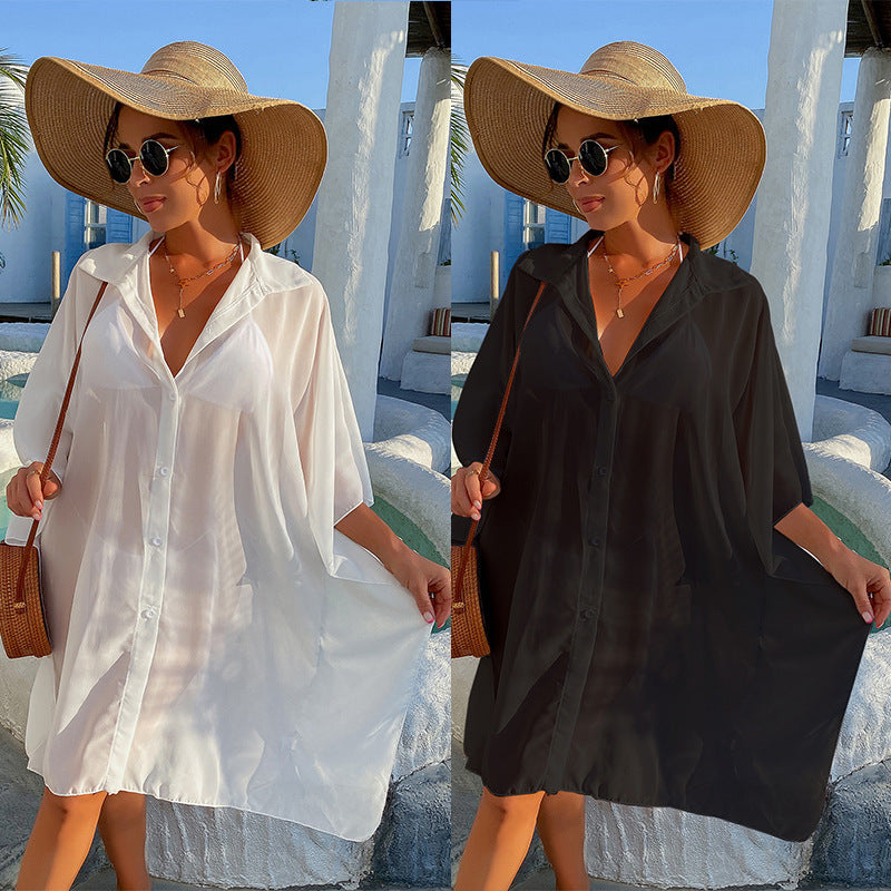 Summer Leisure Shirts Bikini Beach Cover Ups-Swimwear-White-S-Free Shipping Leatheretro