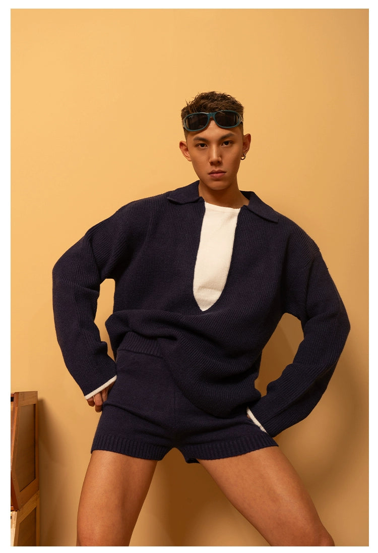 CLP Unisex Ash Black Navy Collar Knit Sweater-Gray-S-Free Shipping Leatheretro