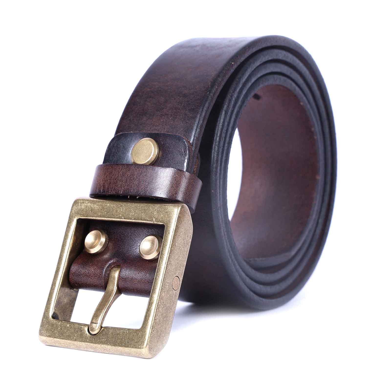 Vintage Men's Genuine Leather Belt Handmade Needle Buckle with Pure Copper Buckle Belt-Leather Belt-Dark Coffee-105cm-Free Shipping Leatheretro