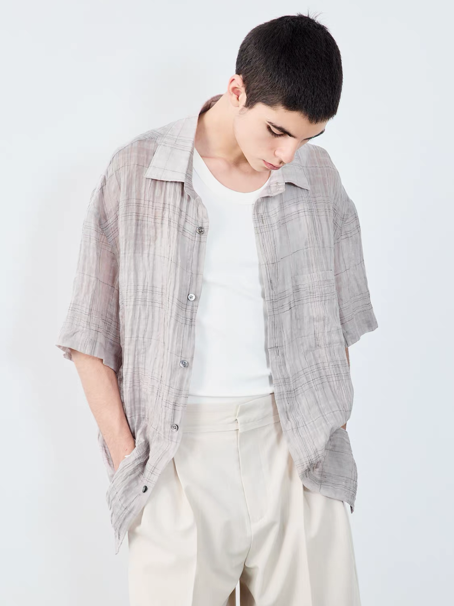 GRAINMUSTARD Linen-Cotton Plaid Half Shirt-Half shirt-XS-Green (S M for preorder)-Free Shipping Leatheretro