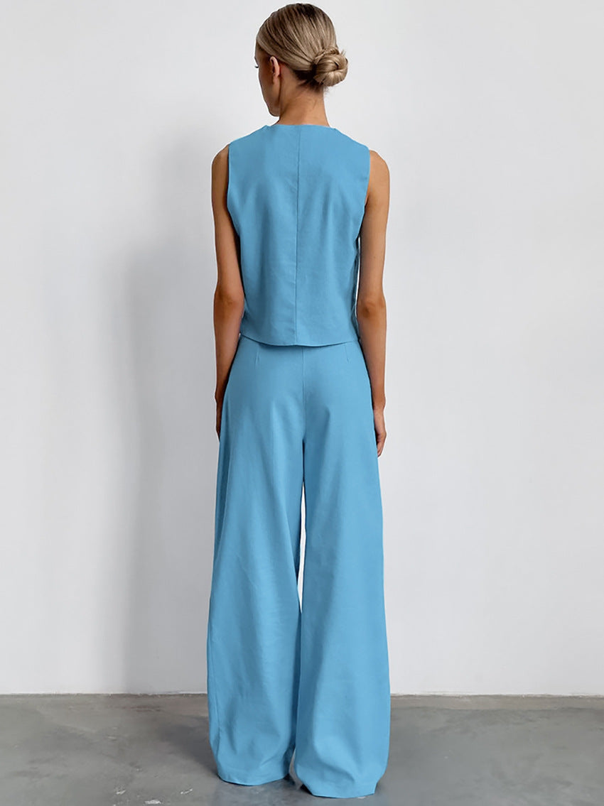 Casual V Neck Sleeveless Tops and Pant Suits-Suits-Blue-S-Free Shipping Leatheretro