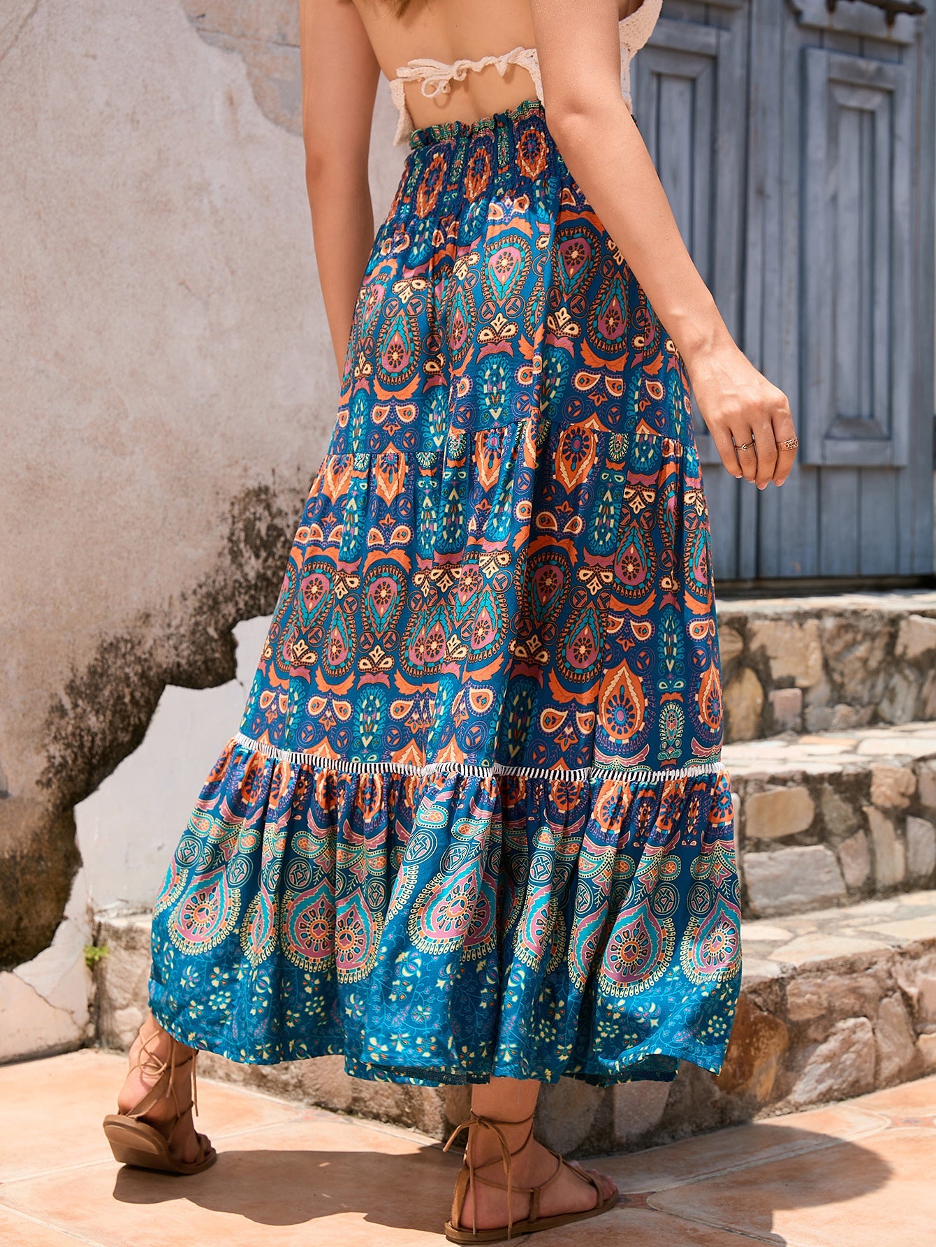 Bohemian Exotic Women Midi Skirts-Skirts-Peacock Blue-S-Free Shipping Leatheretro