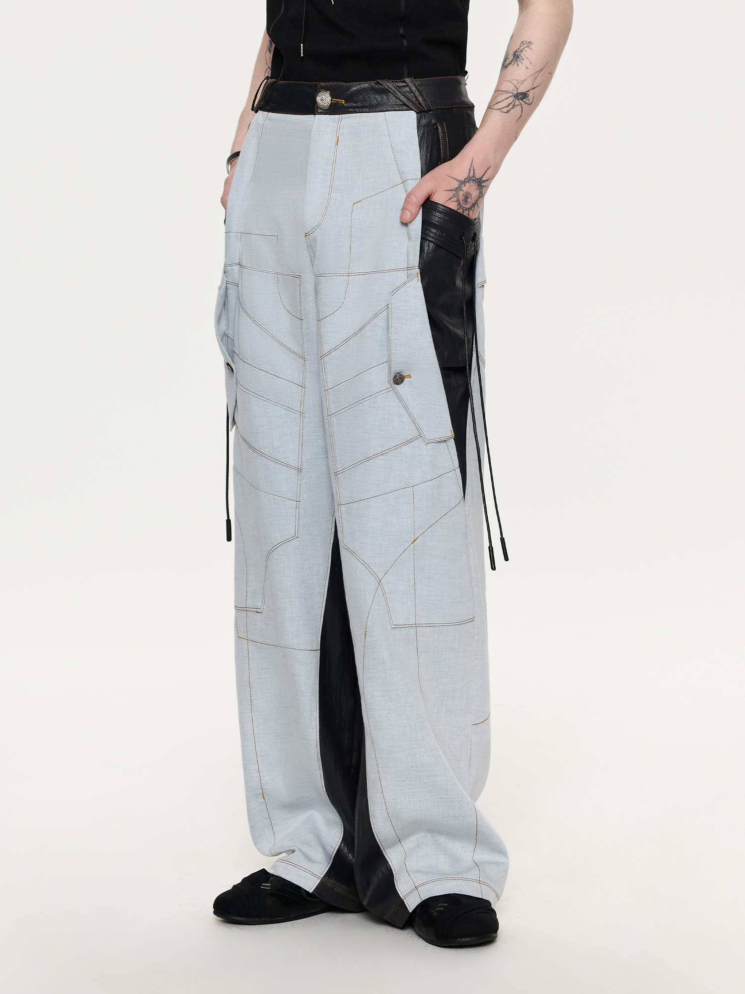 TIWILLTANG Contrast Stitch Paneled Wide-Leg Pants-Pants-S / 28-31”-Blue-Free Shipping Leatheretro