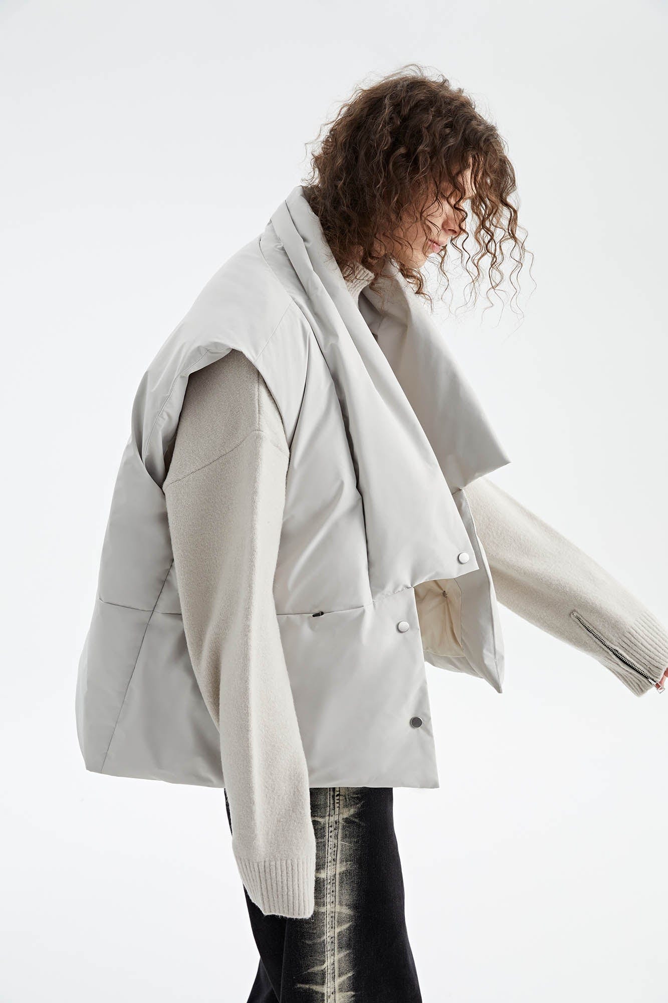 ORGANIC EMOTION Deconstructed Scarf Collar Down Vest-Vest-XS-White-Free Shipping Leatheretro