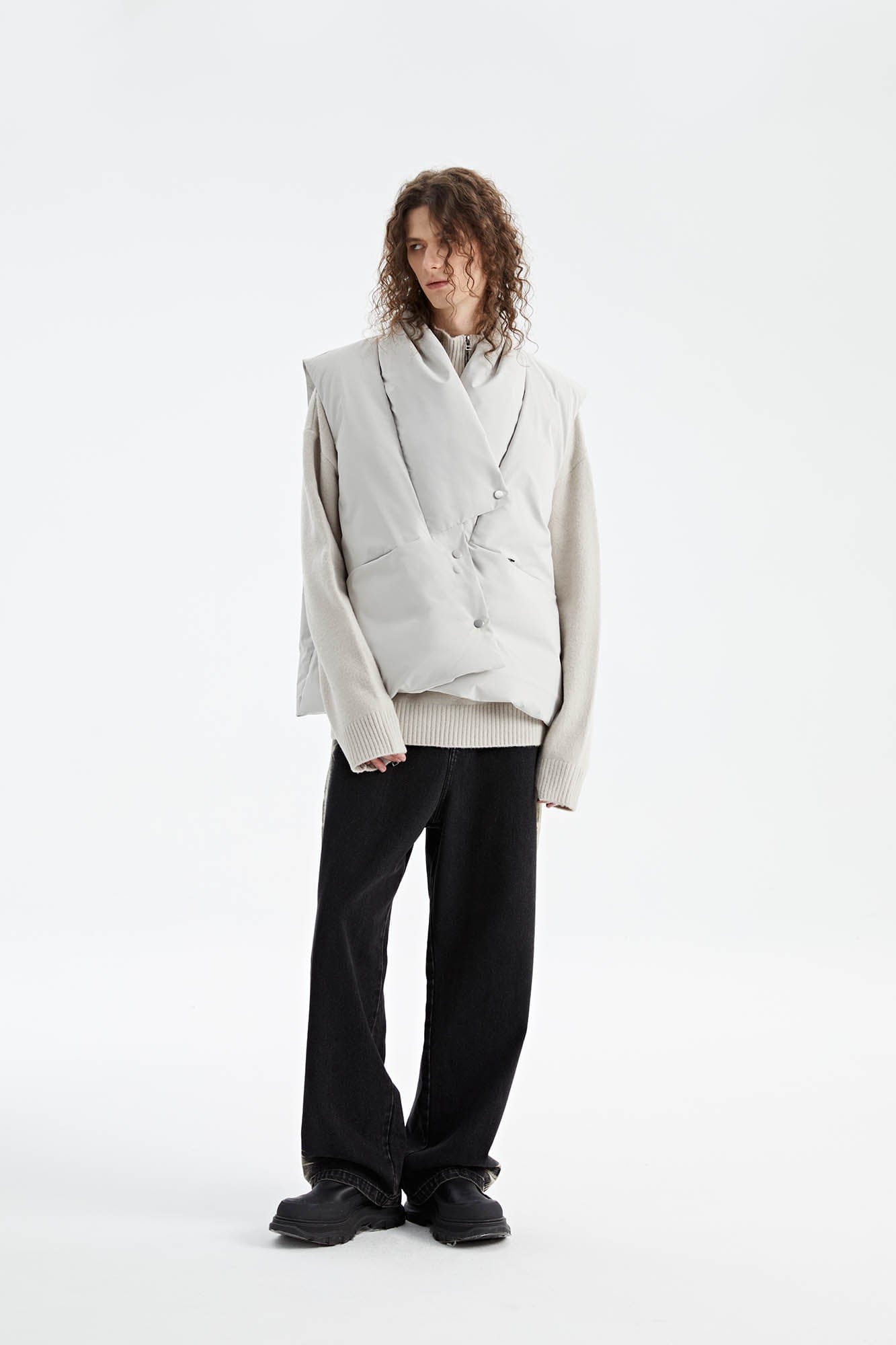 ORGANIC EMOTION Deconstructed Scarf Collar Down Vest-Vest-XS-White-Free Shipping Leatheretro