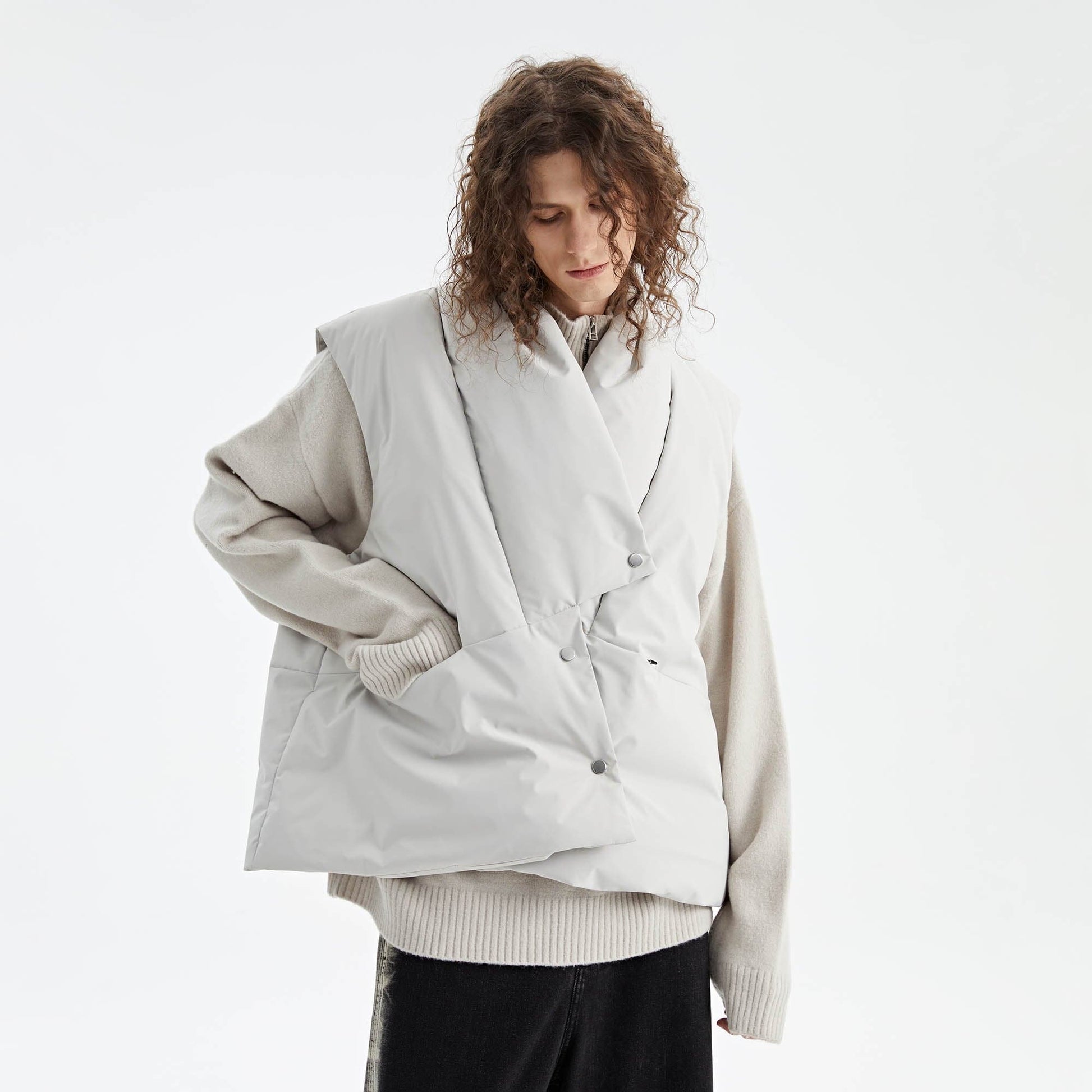 ORGANIC EMOTION Deconstructed Scarf Collar Down Vest-Vest-XS-White-Free Shipping Leatheretro