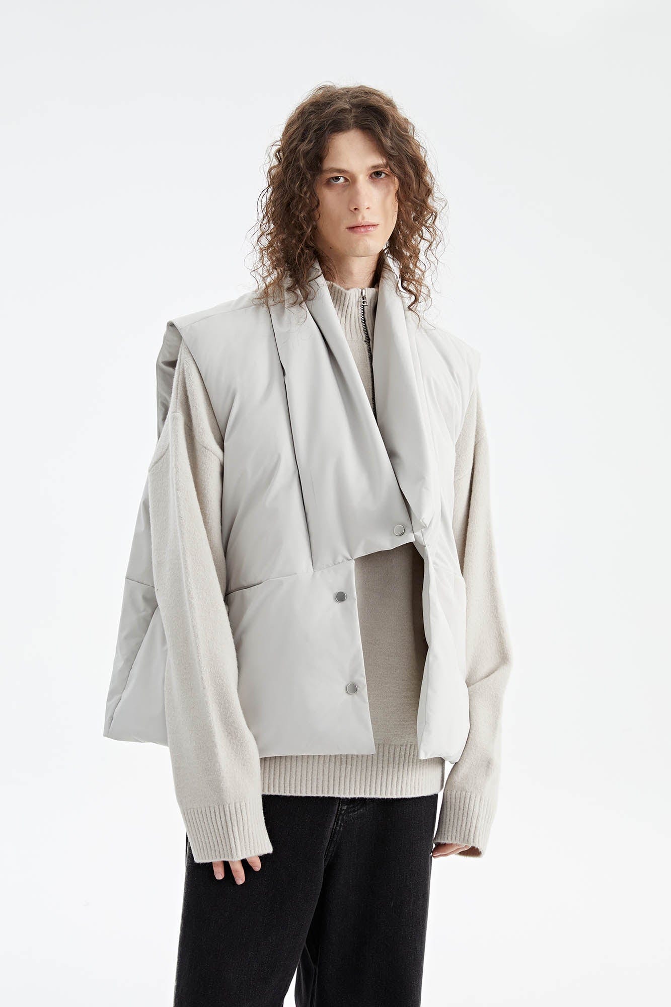 ORGANIC EMOTION Deconstructed Scarf Collar Down Vest-Vest-XS-White-Free Shipping Leatheretro