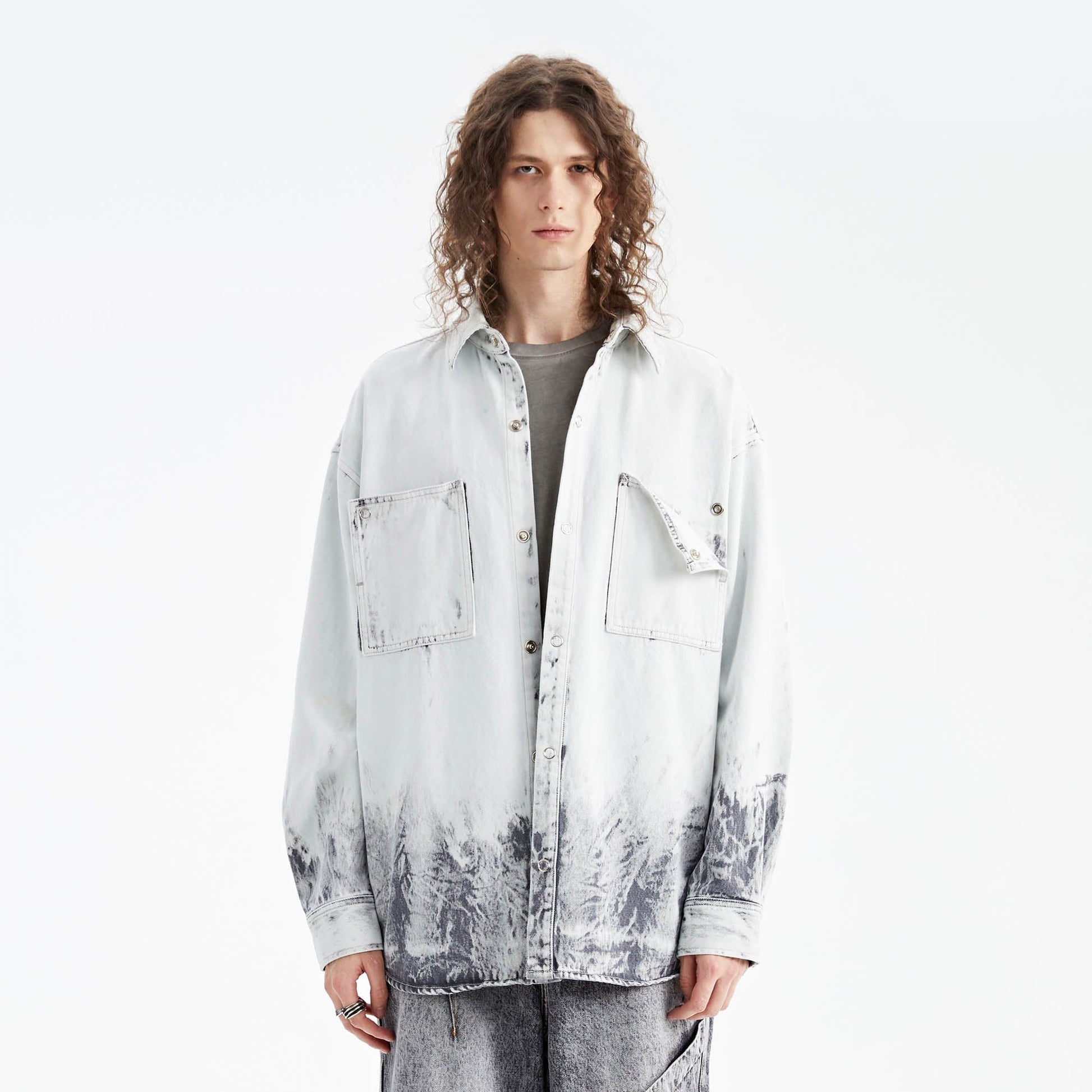 ORGANIC EMOTION Distressed Snow Mountain Tie-Dye Denim Shirt-Shirt-S-Free Shipping Leatheretro