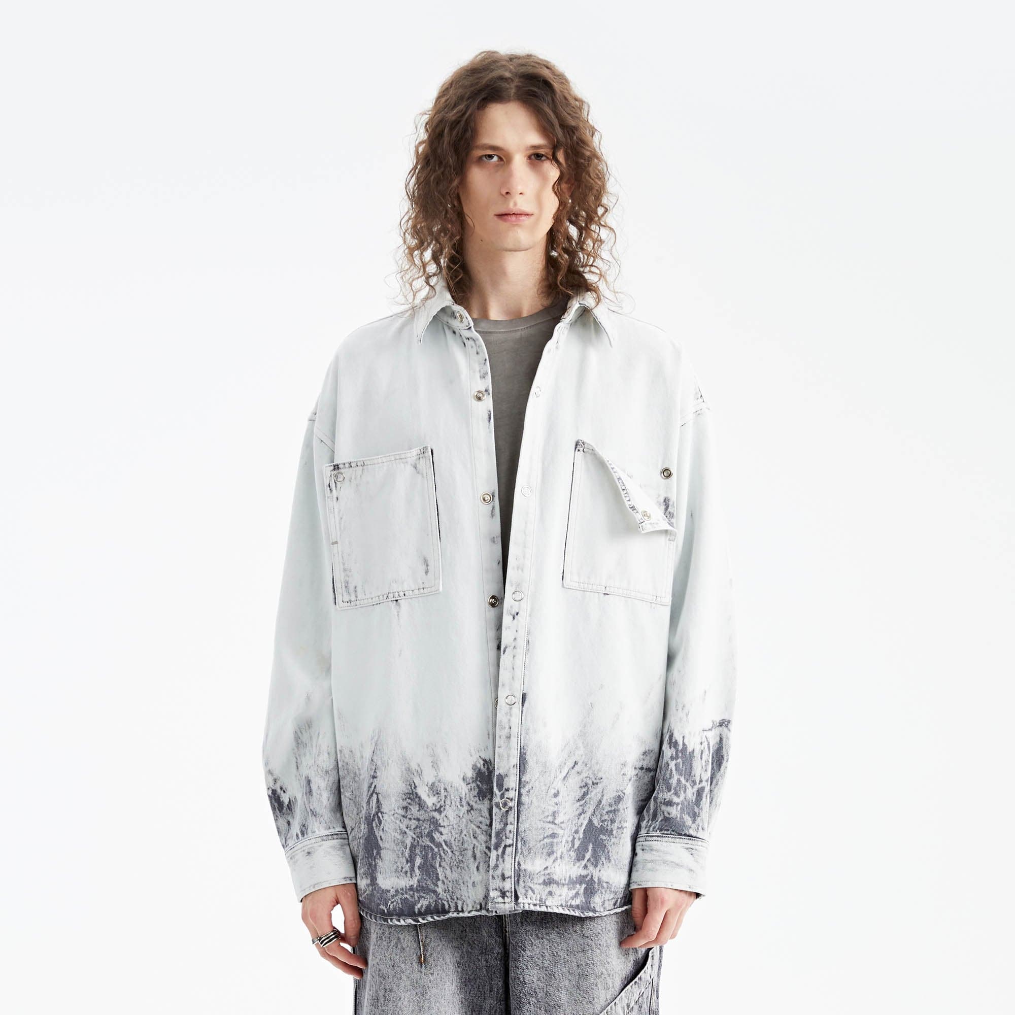 ORGANIC EMOTION Distressed Snow Mountain Tie-Dye Denim Shirt-Shirt-S-Free Shipping Leatheretro