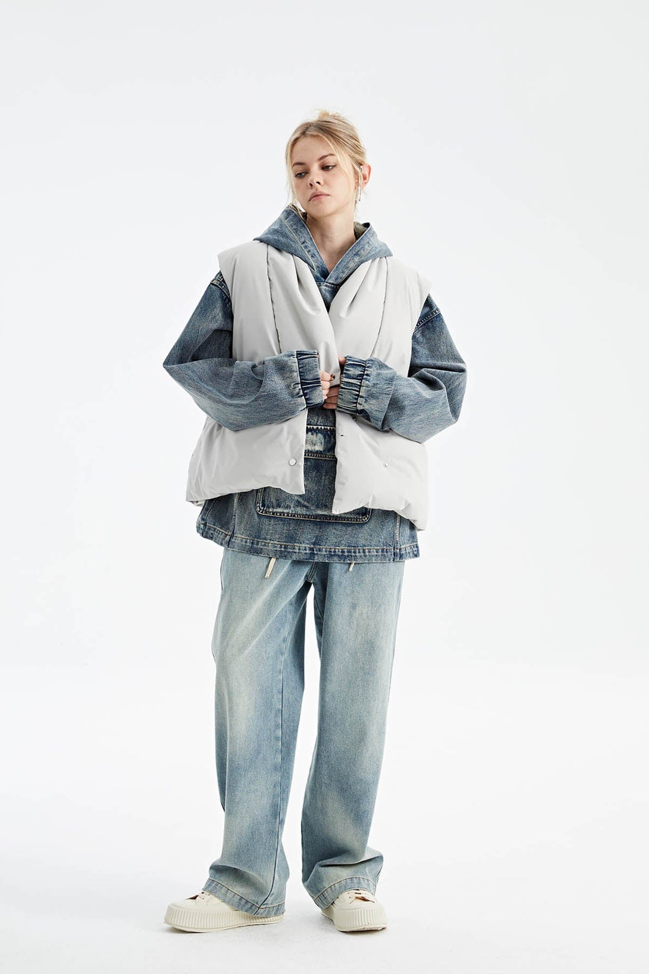 ORGANIC EMOTION Deconstructed Scarf Collar Down Vest-Vest-XS-White-Free Shipping Leatheretro