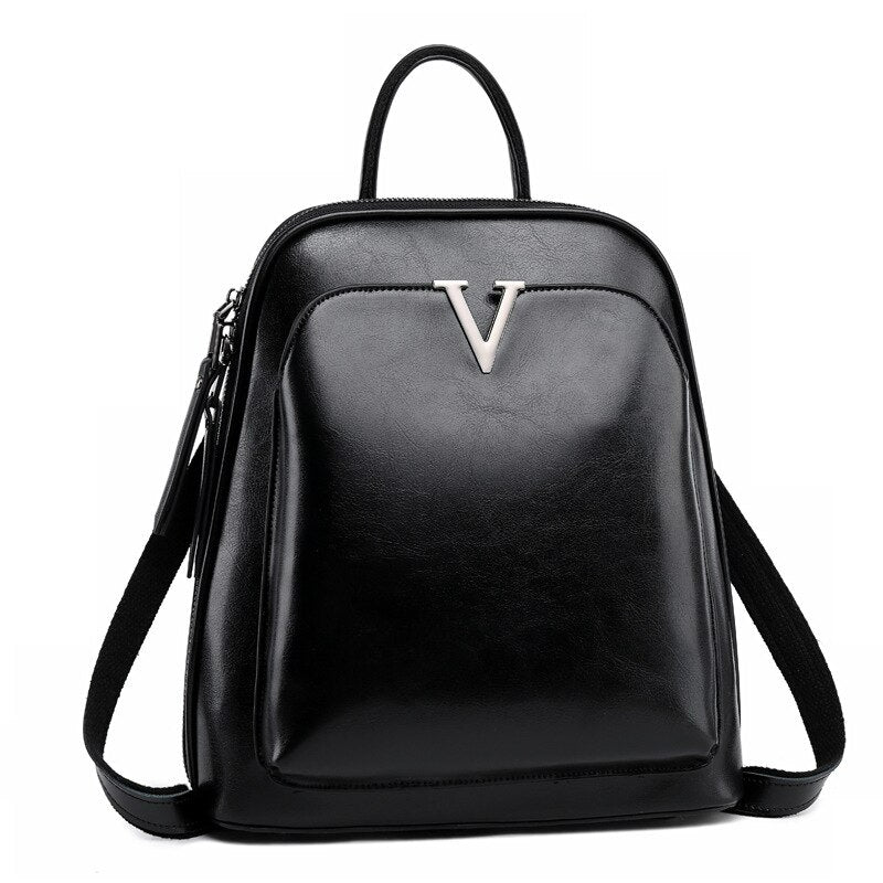 Oil Wax Genuine Leather Women Backpack Cowhide Shoulder Bag-Backpacks-Black-Free Shipping Leatheretro