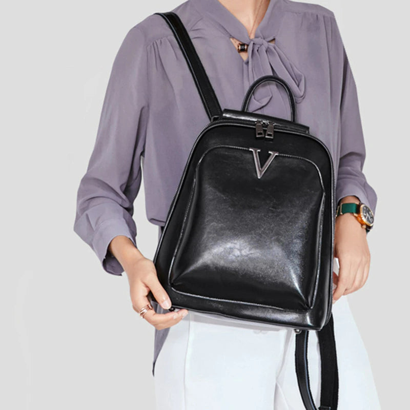 Oil Wax Genuine Leather Women Backpack Cowhide Shoulder Bag-Backpacks-Black-Free Shipping Leatheretro