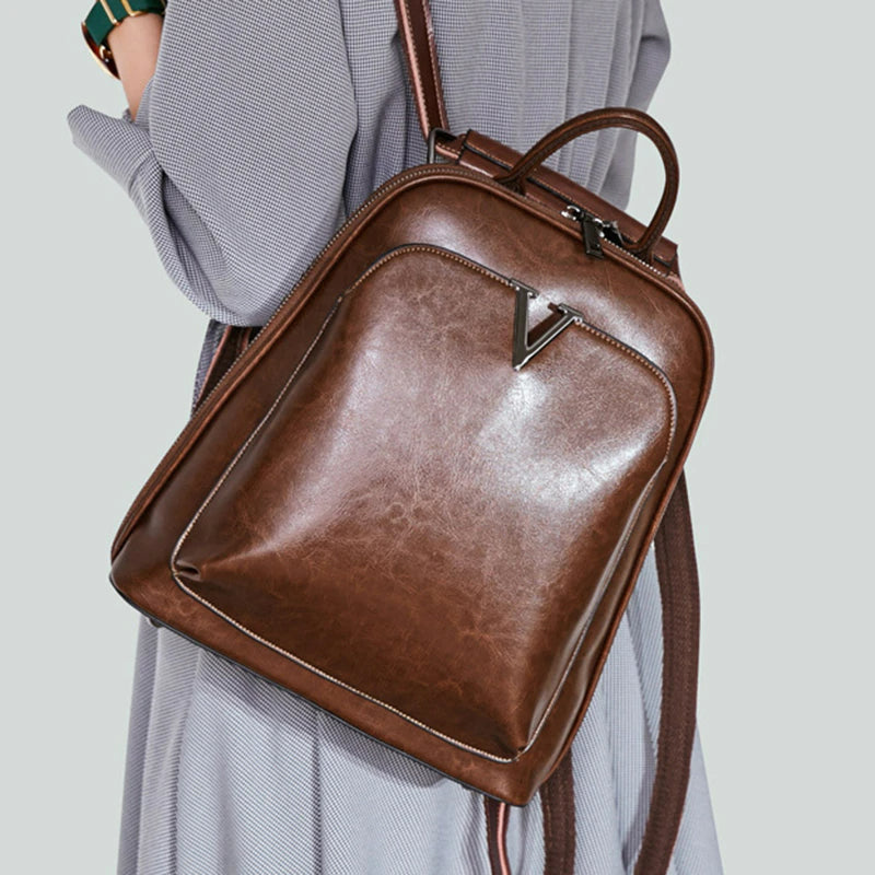 Oil Wax Genuine Leather Women Backpack Cowhide Shoulder Bag-Backpacks-Black-Free Shipping Leatheretro