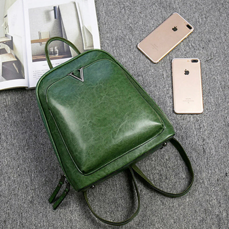 Oil Wax Genuine Leather Women Backpack Cowhide Shoulder Bag-Backpacks-Black-Free Shipping Leatheretro