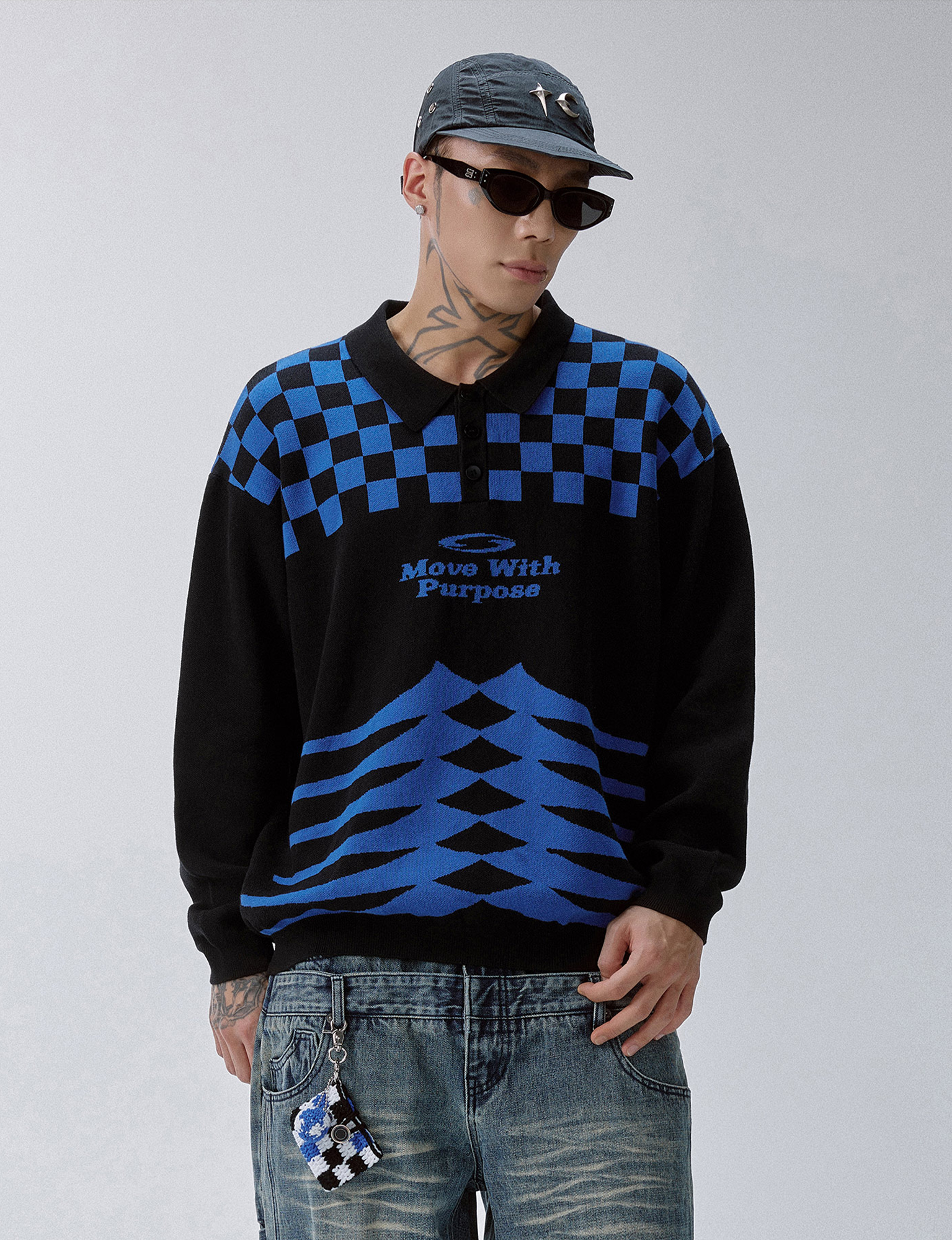 F2CE Slogan Contrast Checkerboard Jacquard Knit Polo-Sweater-S-Free Shipping Leatheretro
