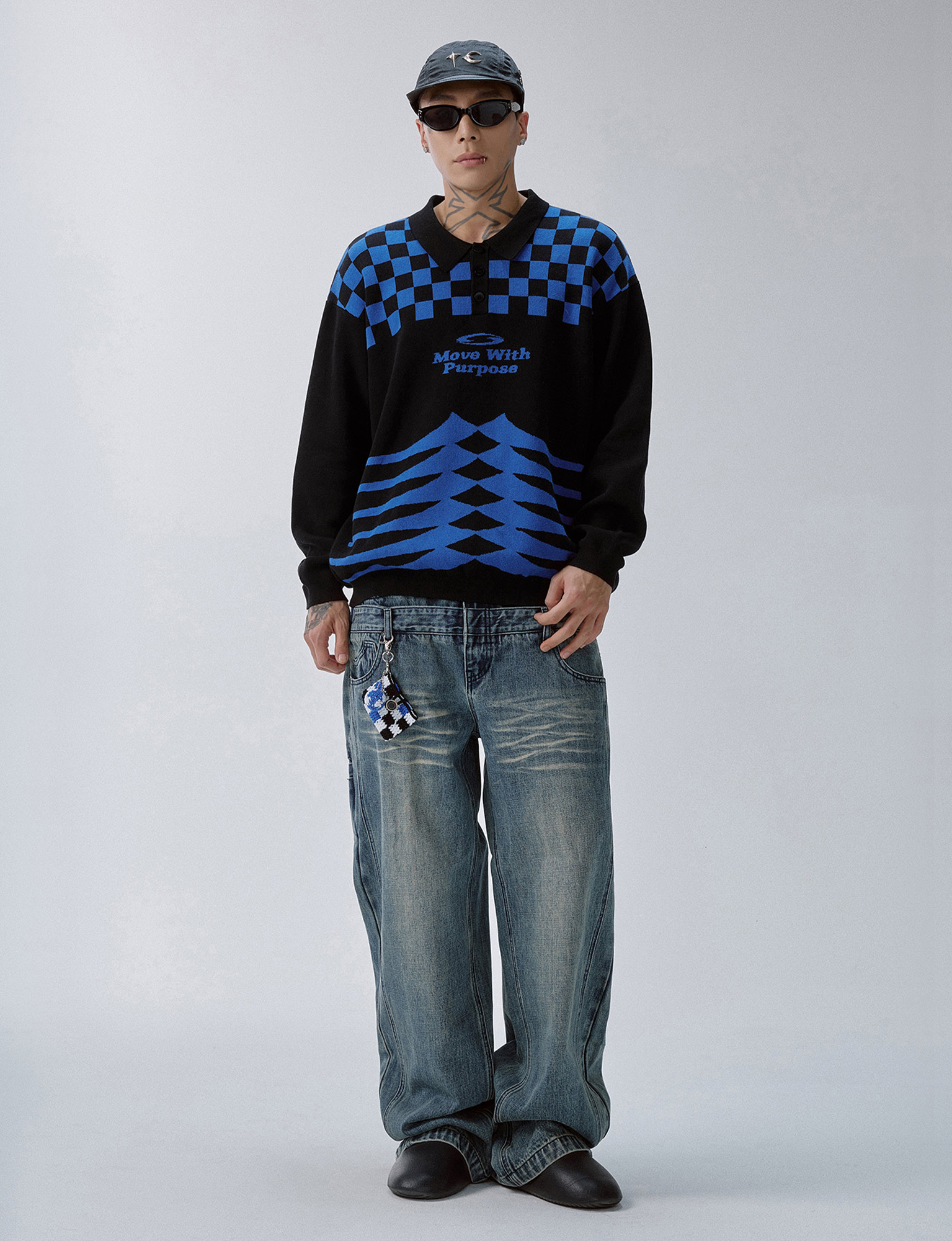 F2CE Slogan Contrast Checkerboard Jacquard Knit Polo-Sweater-S-Free Shipping Leatheretro