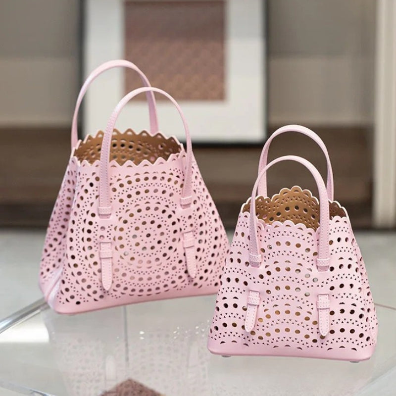 French Handmade Cowhide Leather Tote Bag - Vegetable Basket Versatile Handbag-Shopper Bag-Petal Powder-Width 18 cm * Height 16 cm * Depth 8.5 cm-Free Shipping Leatheretro